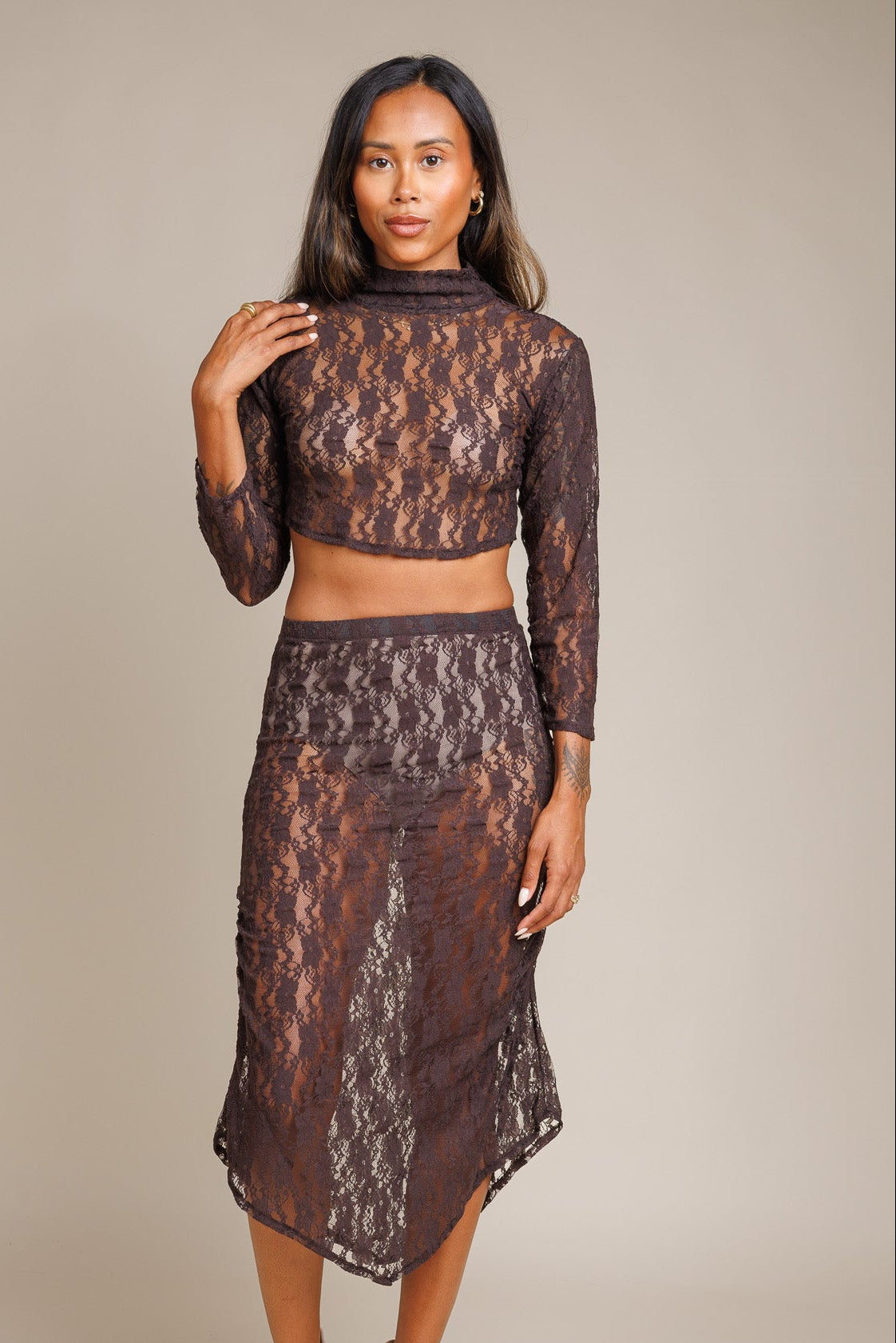 Brown Lace Midi Skirt