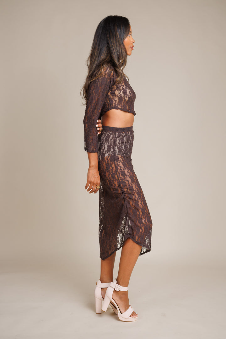Brown Lace Midi Skirt