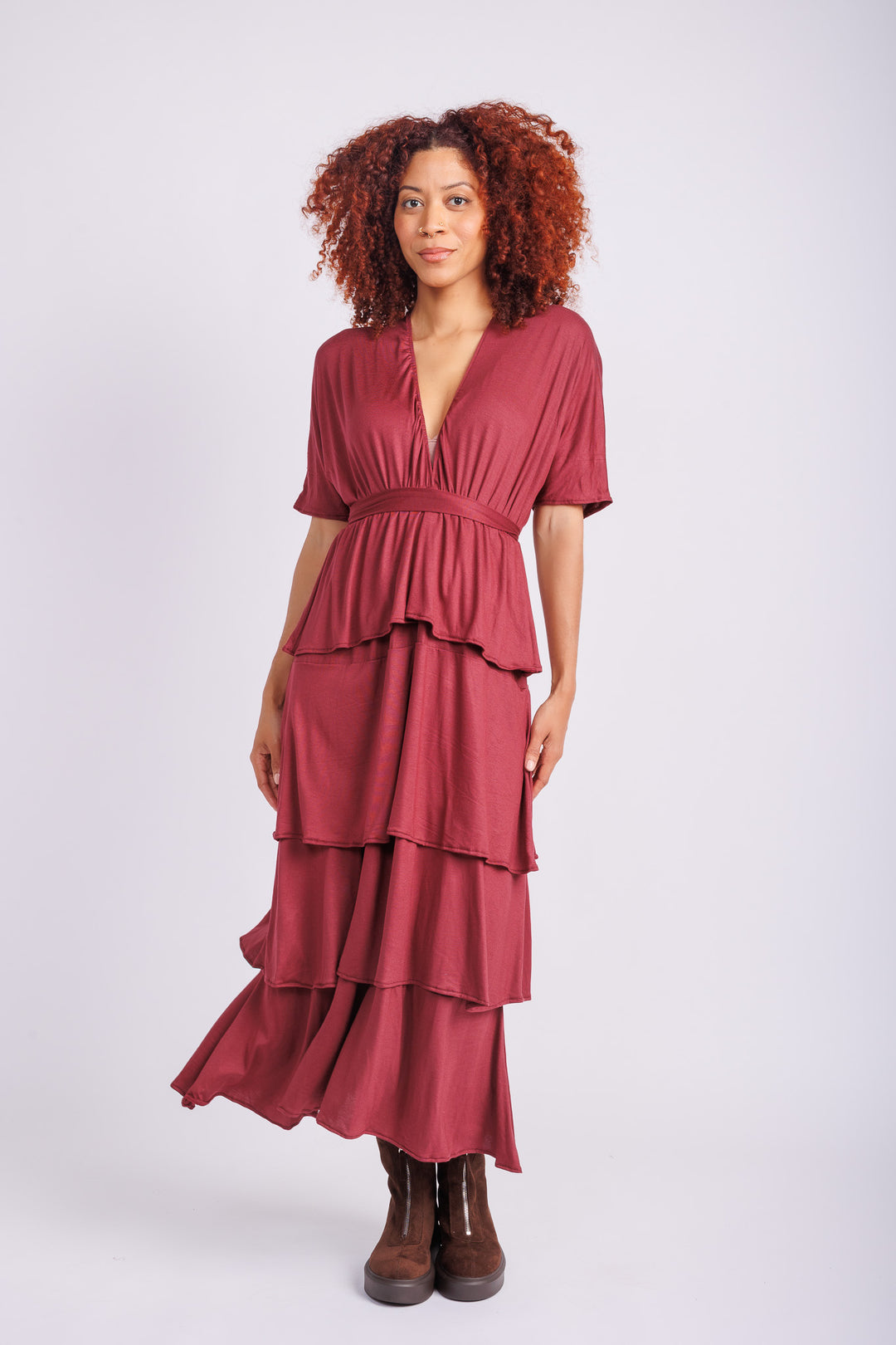 Jane Triple Ruffle Dress in Burgundy