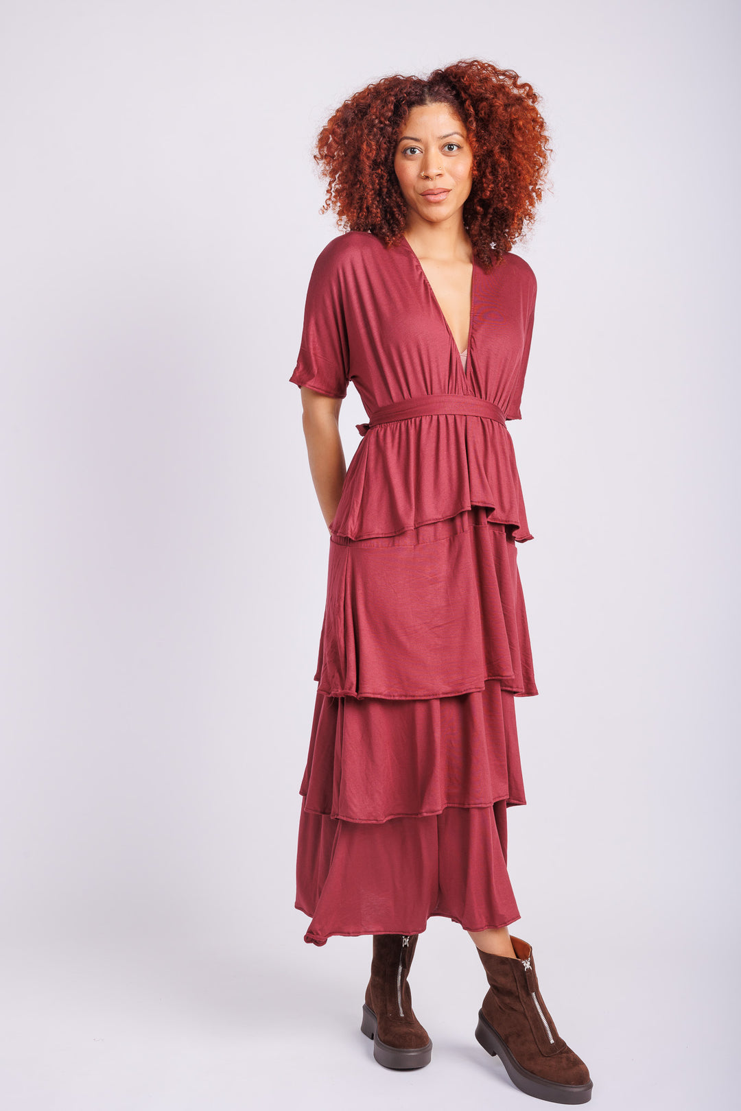 Jane Triple Ruffle Dress in Burgundy