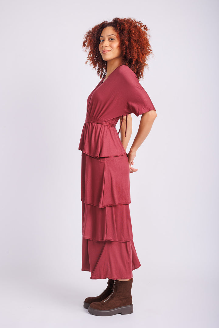 Jane Triple Ruffle Dress in Burgundy