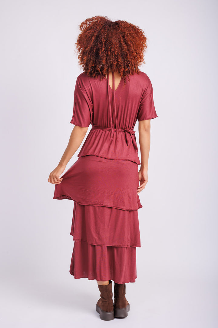 Jane Triple Ruffle Dress in Burgundy
