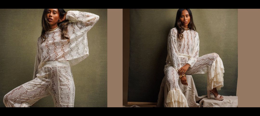 A model wears a matching white lace long-sleeve top and wide-leg pants set in two vertical panels against a dark olive-green studio backdrop. The left panel shows her standing with one arm raised, and the right panel shows her seated on a small platform.