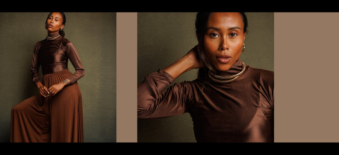 A fashion editorial split-panel photo showing a model wearing a long-sleeve, high-neck, metallic taupe-brown turtleneck top and matching draped skirt against a muted olive-green studio backdrop.