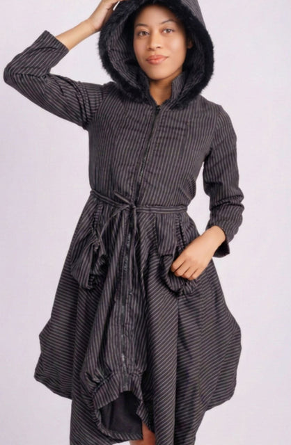 pinstripe dress jacket with swing skirt and drawstring waist