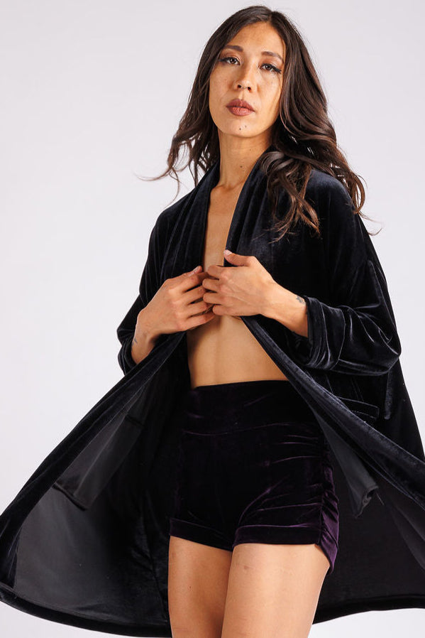 purple velvet high waisted shorts