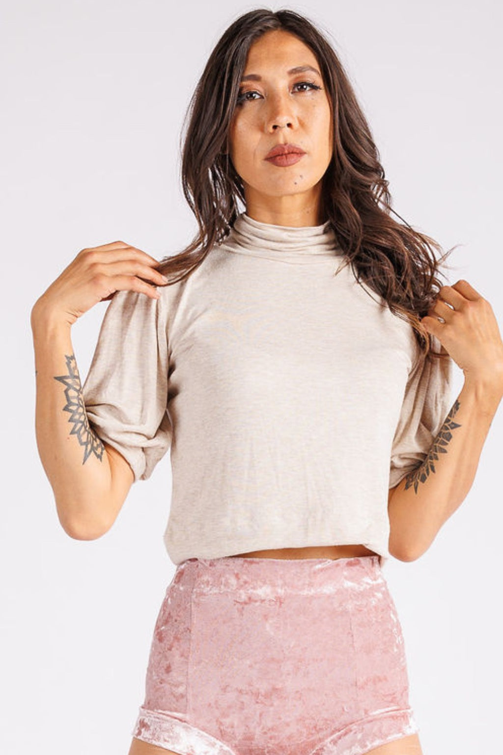 Kimi Puff Sleeve Crop Top Heather Creme