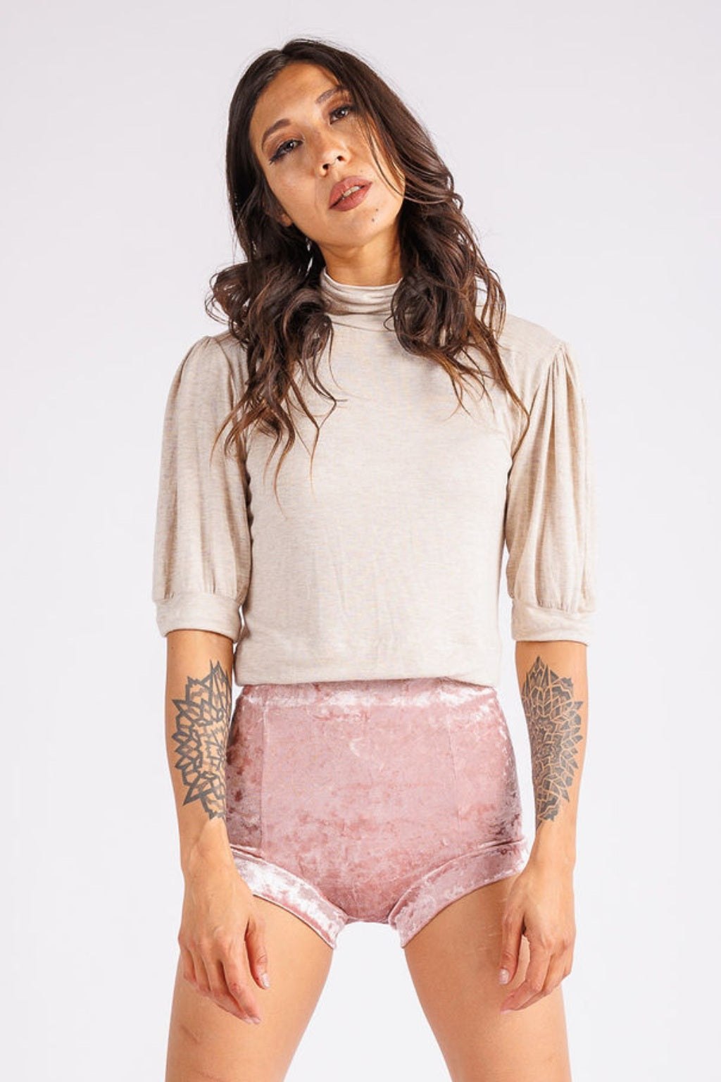 Kimi Puff Sleeve Crop Top Heather Creme