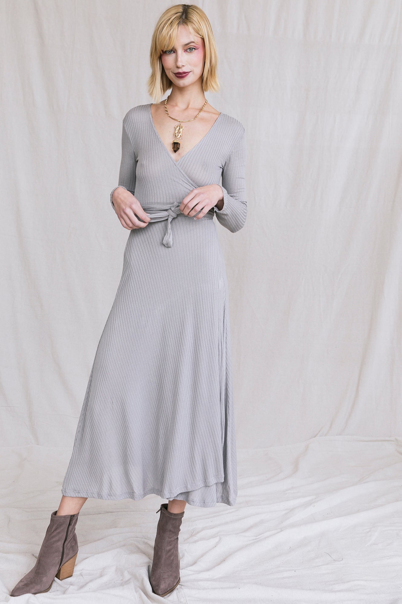 grey sweater wrap dress Women's Fall Tie Waist Sweater Dress Elegant V Neck Wrap Sweater Dress Long Sleeve Knit Mini Sweater Dress Grey Medium