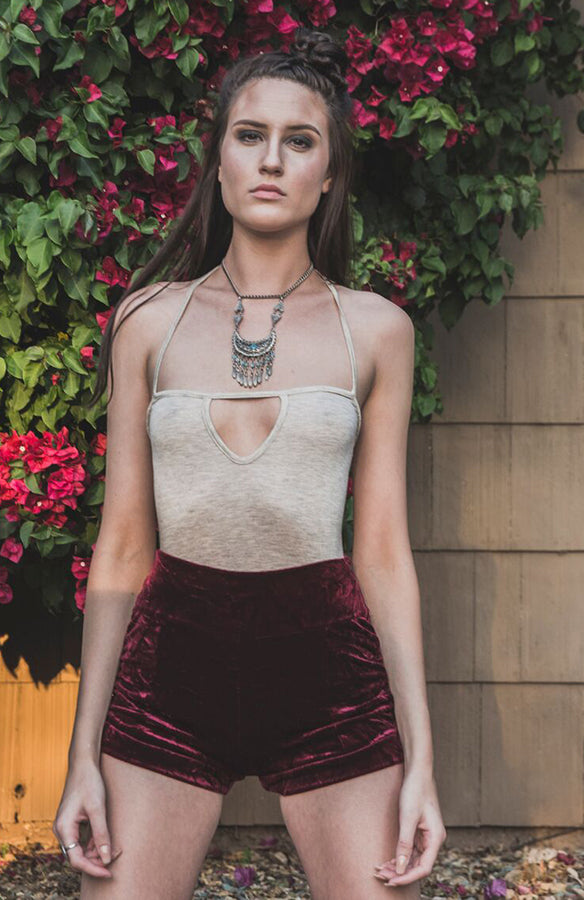 (bella shorts | KUCOON | high waisted crushed burgundy velvet shorts)